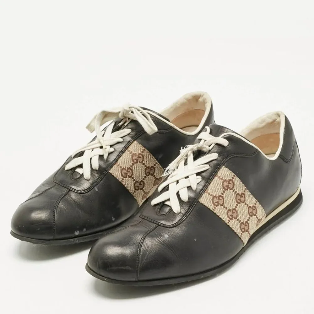 Gucci Beige/black Leather And Canvas Tennis Low Top Sneakers Size 45